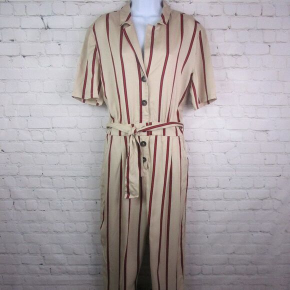 NWT Bershka Pinstripe Retro Button Front Belted Jump Suit - Picture 1 of 3
